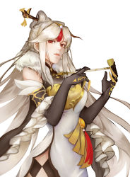 Rule 34 | 1girl, absurdres, black gloves, china dress, chinese clothes, claws, closed mouth, detached sleeves, dress, elbow gloves, enlin (pixiv2334458), genshin impact, gloves, hair ornament, hairpin, highres, long hair, looking afar, ningguang (genshin impact), red eyes, side slit, sidelocks, silver hair, smoking pipe, solo, white background