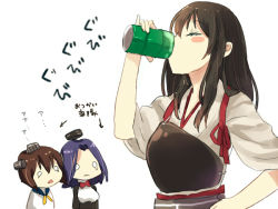 Rule 34 | 10s, 3:, 3girls, akagi (kancolle), bad id, bad pixiv id, blush, blush stickers, brown hair, dress, drink, drinking, drum (container), halo, instrument, japanese clothes, kantai collection, long hair, mechanical halo, multiple girls, muneate, nunucco, oil, oil tanker, personification, pinky out, purple hair, sailor dress, short hair, side ponytail, simple background, skirt, tatsuta (kancolle), tears, white background, yukikaze (kancolle)