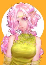 Rule 34 | 1girl, bare shoulders, breasts, circlet, closed mouth, dress, elf, gensou suikoden, gensou suikoden i, highres, long hair, looking at viewer, pink eyes, pink hair, pointy ears, sakai (motomei), simple background, smile, solo, sylvina (suikoden)
