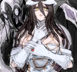 Rule 34 | 1girl, albedo (overlord), breasts, brown eyes, cleavage, demon, demon girl, dress, gloves, horns, jewelry, large breasts, long hair, looking at viewer, notoro, overlord (maruyama), ring, scared, solo, squid, sweat, sweatdrop, white dress, white gloves, wings