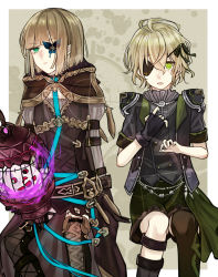 Rule 34 | 2boys, :o, antenna hair, asymmetrical legwear, black gloves, black jacket, blue butterfly, boots, brown footwear, brown hair, brown hood, brown legwear, bug, butterfly, cage, closed mouth, covering one eye, eyepatch, gloves, green eyes, green hair, gretel (sinoalice), hair between eyes, hansel (sinoalice), highres, insect, jacket, long sleeves, looking at viewer, multiple boys, open mouth, pinocchio (sinoalice), short hair, short sleeves, single glove, single thighhigh, sinoalice, thigh boots, thighhighs, towada-san (thank39), uneven legwear