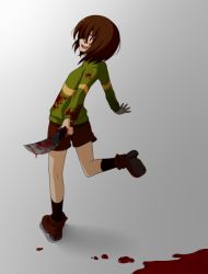 Rule 34 | androgynous, ankle boots, blood, blood on clothes, blood on face, blood on hands, bloody knife, blush, blush stickers, boots, brown hair, chara (undertale), crazy smile, gender request, gradient background, knife, looking at viewer, open mouth, red eyes, shorts, smile, socks, solo, spoilers, striped clothes, striped sweater, sweater, undertale, yyi