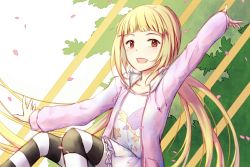Rule 34 | 1girl, alice to zouroku, arm up, blonde hair, blunt bangs, day, kashimura sana, long hair, long sleeves, looking at viewer, outdoors, petals, red eyes, sitting, skirt, solo, striped clothes, striped legwear, striped thighhighs, thighhighs, white skirt, xing muhen
