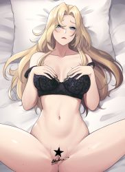 Rule 34 | 1girl, bed sheet, black bra, blonde hair, blue eyes, blush, bra, breasts, censored, collarbone, groin, heart, heart-shaped pupils, highres, hornet (kancolle), kantai collection, large breasts, long hair, looking at viewer, navel, odachu, open mouth, pillow, pussy, signature, solo, star censor, symbol-shaped pupils, underwear
