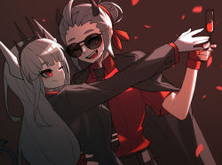 Rule 34 | 2girls, :d, ahoge, black horns, black jacket, black pants, blunt bangs, breasts, commentary request, cup, fangs, fingerless gloves, gloves, hair bun, hairband, hand on another&#039;s hip, helltaker, highres, holding, holding cup, horns, jacket, jacket on shoulders, justice (helltaker), long hair, long sleeves, looking at another, lucifer (helltaker), medium breasts, multiple girls, one eye closed, open mouth, pants, petals, red eyes, red gloves, red hairband, red wine, shirt, single hair bun, smile, sunglasses, tipang (gurimulguryo), white gloves, wine