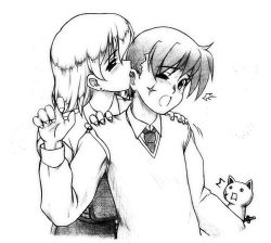 Rule 34 | 1boy, 1girl, ^^^, blush, cat, collared shirt, ear licking, earrings, facial scar, greyscale, hands on another&#039;s shoulders, harumachi nagaaki, jewelry, katana, kissing ear, licking, looking at another, monochrome, necktie, o o, one eye closed, original, scar, scar on cheek, scar on face, sheath, sheathed, shirt, short hair, simple background, standing, stud earrings, surprised, sweater vest, sword, upper body, weapon, white background