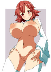 Rule 34 | 10s, 1girl, bad id, bad pixiv id, blush, breasts, cleavage, cleft of venus, detached sleeves, gluteal fold, highres, huge breasts, inverted nipples, izetta, looking at viewer, naruse mai, navel, nipples, pussy, red eyes, red hair, shuumatsu no izetta, smile, solo, thighhighs, uncensored, white thighhighs