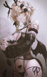 Rule 34 | 1girl, absurdres, alternate costume, antlers, arm tattoo, bare shoulders, black camisole, black choker, black horns, black panties, blonde hair, breasts, camisole, carrying, censored, choker, cleavage, cowboy shot, criss-cross halter, demon tail, demon wings, detached sleeves, flower, frilled choker, frills, from below, genshin impact, gradient background, grey background, hair between eyes, hair flower, hair ornament, halterneck, heart, heart tattoo, highres, horns, indol, large breasts, long sleeves, looking at viewer, low wings, lumine (genshin impact), mosaic censoring, navel, number tattoo, open mouth, panties, pubic tattoo, puffy long sleeves, puffy sleeves, reindeer antlers, short hair, short hair with long locks, side-tie panties, solo, tail, tattoo, underwear, upper body, white flower, wings, yellow eyes