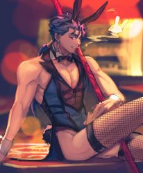 Rule 34 | 1boy, alternate costume, animal ears, beads, biceps, blue hair, bow, bowtie, cu chulainn (fate), cu chulainn (fate/stay night), cuffs, detached collar, earrings, fate/stay night, fate (series), fishnets, gae bolg (fate), grin, hair beads, hair ornament, highres, holding, holding polearm, holding weapon, jewelry, long hair, male focus, male playboy bunny, muscular, muscular male, ojitaro12, pectorals, polearm, ponytail, rabbit ears, rabbit tail, red eyes, skin tight, smile, smoking, solo, spiked hair, tail, thighhighs, weapon
