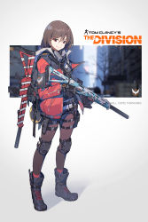 Rule 34 | 1girl, boots, brown hair, chinese commentary, commentary request, english text, full body, gloves, gun, highres, holding, holding gun, holding weapon, jacket, knee pads, logo, nian (zhanian), original, pantyhose, red eyes, solo, suppressor, tom clancy&#039;s the division, trigger discipline, weapon