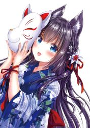 Rule 34 | 1girl, :d, animal ear fluff, animal ears, arm ribbon, blue eyes, blue kimono, blush, bow, braid, brown hair, dutch angle, floral print, flower, fox ears, fox mask, hair between eyes, hair flower, hair ornament, hair ribbon, highres, holding, holding mask, japanese clothes, kimono, long hair, long sleeves, looking at viewer, mask, open mouth, original, print kimono, red bow, red ribbon, ribbon, sakura moyon, simple background, smile, solo, transparent background, very long hair, white background, white flower, wide sleeves