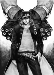 Rule 34 | 1boy, absurdres, angry, bad id, bad pixiv id, belt, chain, clenched hand, clenched hands, elbow pads, gakuran, glint, gloves, greyscale, hand (symbol), hand on own hip, hat, highres, hip focus, icym, jojo no kimyou na bouken, kuujou joutarou, long coat, looking at viewer, male focus, monochrome, multiple belts, muscular, peaked cap, school uniform, serious, solo, stand (jojo), star platinum, stardust crusaders