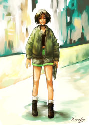 Rule 34 | 1girl, arms at sides, artist name, black choker, black footwear, black hair, black shirt, black shorts, blurry, blurry background, bob cut, boots, brown eyes, choker, commentary, full body, green jacket, green shorts, gun, handgun, holding, holding gun, holding weapon, jacket, jewelry, leon the professional, lips, looking at viewer, lumi, mathilda lando, messy hair, midriff peek, open clothes, open jacket, pendant, pendant choker, pistol, shadow, shirt, short hair, shorts, signature, smirk, socks, solo, standing, striped clothes, striped shorts, weapon, white shorts, white socks, wind