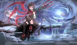 Rule 34 | 1girl, asymmetrical wings, black dress, black hair, black thighhighs, bow, dress, highres, houjuu nue, looking at viewer, mountain, polearm, red eyes, risutaru, sitting, solo, thighhighs, touhou, trident, ufo, upskirt, weapon, wings, zettai ryouiki