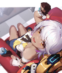 1girl :d asc11 bare_shoulders black_gloves blue_jacket can carole_peppers clothes_around_waist couch dark-skinned_female dark_skin drink_can fingerless_gloves from_above gloves holding honkai_(series) honkai_impact_3rd jacket jacket_around_waist looking_at_viewer open_mouth shirt sitting smile soda_can solo thumbs_up white_hair white_shirt yellow_eyes