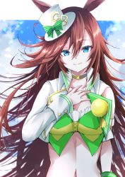 Rule 34 | 1girl, absurdres, animal ears, arm strap, bare shoulders, blouse, blue eyes, blue sky, bow, brown hair, choker, cloud, commentary request, crop top, cropped jacket, day, green bow, green shirt, hair between eyes, hand on own chest, hat, hat bow, highres, horse ears, jacket, long hair, long sleeves, looking at viewer, midriff, mini hat, mini top hat, mr. c.b. (umamusume), navel, open clothes, open jacket, shirt, sky, smile, solo, stomach, strapless, strapless shirt, top hat, umamusume, upper body, very long hair, white hat, white jacket, yanagiba sakana, yellow choker