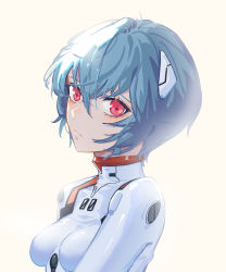 Rule 34 | 1girl, absurdres, ayanami rei, blue hair, blush, bodysuit, breasts, hairpods, highres, interface headset, looking at viewer, neon genesis evangelion, open mouth, orange eyes, piao miao, plugsuit, red eyes, short hair, solo, upper body, white background, white bodysuit