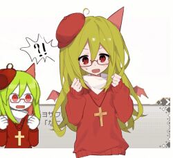 Rule 34 | !?, 1girl, bat wings, cross, cross necklace, flat chest, funamusea, gelato1014, glasses, green eyes, haiiro teien, hair between eyes, hands up, hat, jewelry, long hair, long sleeves, looking at viewer, necklace, rectangular eyewear, red-framed eyewear, red eyes, red hat, red sweater, red wings, reference inset, shirt, solo, sweat, sweater, upper body, v-shaped eyebrows, white shirt, wings, yosafire (funamusea)
