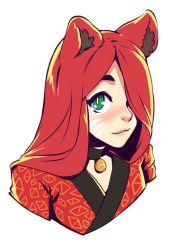 Rule 34 | 1girl, :3, animal ear fluff, animal ears, blush, cat ears, choker, commentary, cropped shoulders, d-rex, face, facial mark, freckles, green choker, green eyes, hair over one eye, highres, japanese clothes, kimono, long hair, looking at viewer, original, red hair, red kimono, simple background, smile, solo, whisker markings, white background