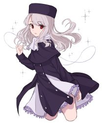 Rule 34 | 1girl, absurdres, bad id, bad pixiv id, black capelet, black coat, black hat, capelet, coat, cropped legs, fate/stay night, fate (series), floating hair, frilled skirt, frills, hat, highres, illyasviel von einzbern, long hair, looking at viewer, lq saku, miniskirt, open mouth, red eyes, scarf, silver hair, skirt, solo, standing, white background, white scarf, white skirt