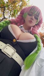Rule 34 | 1girl, alina becker, belt, blue eyes, breasts, cleavage, cosplay, day, female focus, green hair, kanroji mitsuri, kanroji mitsuri (cosplay), kimetsu no yaiba, large breasts, long hair, looking at viewer, multicolored hair, outdoors, photo (medium), pink hair, real life, solo