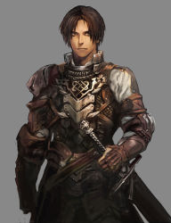 Rule 34 | 1boy, arm belt, armlet, armor, breastplate, brown eyes, brown gloves, brown hair, collar, cowboy shot, gloves, grey background, highres, looking at viewer, male focus, official art, pants, partially fingerless gloves, scabbard, serious, sheath, simple background, solo, standing, stranger of sword city, sword, unsheathed, weapon, white background, yoshinari kou, yoshinari you