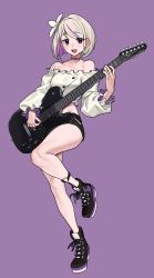 Rule 34 | 1girl, absurdres, bad id, bad twitter id, bare legs, black footwear, black shorts, character request, choker, commission, copyright request, flower, frilled shirt, frills, full body, guitar, hair flower, hair ornament, highres, instrument, leg up, midriff, music, nia (nia4294), off-shoulder shirt, off shoulder, open mouth, playing instrument, purple background, round teeth, shirt, shoes, short hair, shorts, simple background, smile, solo, standing, teeth, white footwear, white hair, white shirt