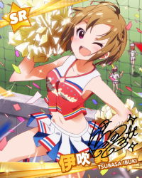 Rule 34 | 10s, 1girl, ;d, ahoge, blush, brown hair, character name, character signature, cheerleader, confetti, crop top, crop top overhang, hand on own hip, ibuki tsubasa, idolmaster, idolmaster million live!, looking at viewer, messy hair, midriff, navel, official art, one eye closed, open mouth, pink eyes, pom pom (cheerleading), signature, skirt, smile, solo, sparkle, wink
