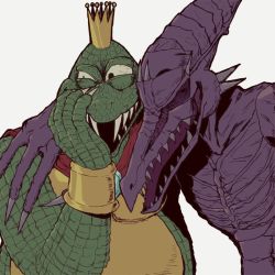 Rule 34 | arm around neck, bracelet, cape, closed eyes, crocodilian, crown, donkey kong (series), donkey kong country, fingernails, grey background, hand on own face, hand up, happy, jewelry, king k. rool, kuzudon, laughing, meme, metroid, monster, nintendo, open mouth, red cape, ridley, sharp fingernails, sharp teeth, simple background, super metroid, super smash bros., teeth, trait connection, veins