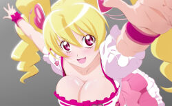 Rule 34 | 1girl, arms up, blonde hair, breasts, cleavage, collarbone, cure peach, earrings, fresh precure!, frilled skirt, frills, fuchi (nightmare), gradient background, grey background, hair between eyes, hair ornament, heart, heart earrings, heart hair ornament, jewelry, large breasts, light blush, long hair, looking at viewer, magical girl, momozono love, open mouth, pink eyes, pink skirt, precure, puffy short sleeves, puffy sleeves, short sleeves, skirt, smile, solo, twintails, wrist cuffs