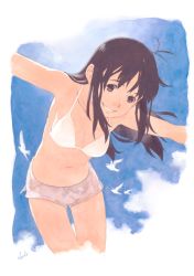Rule 34 | 1girl, absurdres, ahoge, armpits, bare shoulders, bikini, bikini top only, bird, breasts, brown hair, cleavage, day, closed eyes, face, highres, long hair, medium breasts, navel, original, outstretched arms, shorts, sky, smile, solo, spread arms, swimsuit, tanaka kunihiko, thigh gap