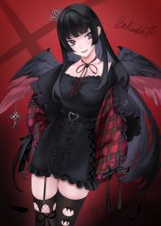 Rule 34 | 1girl, beliath (ompf), belt, black dress, black eyes, black hair, black thighhighs, black wings, breasts, cowboy shot, cross, cross hair ornament, crown, dress, feathered wings, female focus, garter straps, goth fashion, gothic, hair ornament, hairclip, heart, highres, hime cut, jacket, large breasts, long hair, long sleeves, looking at viewer, neck ribbon, ompf, original, plaid, plaid jacket, red background, red jacket, red ribbon, ribbon, single garter strap, smile, solo, thighhighs, torn clothes, wings, zettai ryouiki
