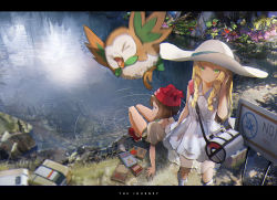 Rule 34 | 2girls, bag, beanie, blonde hair, blue eyes, blunt bangs, blurry, book, braid, brown hair, creatures (company), day, depth of field, dress, duffel bag, english text, from above, frown, game freak, gen 1 pokemon, gen 7 pokemon, green eyes, tucking hair, hand up, hat, highres, legs together, letterboxed, lillie (pokemon), long hair, looking at viewer, looking to the side, magnemite, multiple girls, nintendo, novelance, outdoors, plant, poke ball, pokemon, pokemon (creature), pokemon sm, pond, reflection, ripples, rowlet, scenery, selene (pokemon), shirt, shoes, short hair, shorts, sign, sitting, sneakers, standing, sun hat, sundress, white dress, white shirt