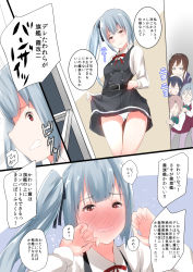 Rule 34 | 0 0, 10s, 5girls, ahoge, asashimo (kancolle), ashigara (kancolle), belt, blouse, blush, bow, bowtie, brown eyes, brown hair, buttons, clothes lift, comic, crying, dress, dress lift, fake horns, full-face blush, glasses, grey hair, hair ornament, hair over one eye, hair ribbon, hairband, hand on another&#039;s shoulder, highres, horned headwear, horns, kantai collection, kasumi (kancolle), kiyoshimo (kancolle), kuon (break through), lifted by self, long hair, long sleeves, mirror, multiple girls, ooyodo (kancolle), open mouth, panties, pantyhose, peeking out, pinafore dress, ponytail, purple legwear, remodel (kantai collection), ribbon, school uniform, serafuku, shirt, side ponytail, skirt, skirt lift, sleeveless, sleeveless dress, smile, solid oval eyes, sparkle, suspenders, teeth, underwear, white panties, white shirt