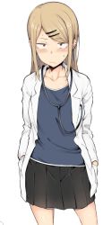 Rule 34 | 10s, 1girl, black skirt, blonde hair, blue shirt, blush, breasts, closed mouth, collarbone, commentary request, cowboy shot, dagashi kashi, ear piercing, earrings, endou saya, hair ornament, hairclip, half-closed eyes, hands in pockets, jewelry, jitome, lab coat, legs apart, long hair, looking at viewer, miniskirt, open clothes, parted bangs, piercing, pleated skirt, sanpaku, shirt, sidelocks, simple background, skirt, solo, spirytus tarou, standing, stethoscope, sweatdrop, white background, yellow eyes