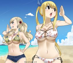 Rule 34 | 2girls, beach, bikini, blonde hair, blue eyes, blue ribbon, blue sky, bracelet, breasts, brown eyes, cleavage, cloud, colorized, day, earrings, eden&#039;s zero, fairy tail, gaston18, hair ornament, hair ribbon, hand on own hip, highres, jewelry, large breasts, long hair, looking afar, lucy heartfilia, mashima hiro, midriff, multiple girls, navel, necklace, ocean, outdoors, ponytail, rebecca bluegarden, ribbon, shorts, side-tie bikini bottom, sky, standing, swimsuit, twintails, underboob, water