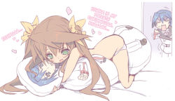 Rule 34 | 10s, blade (galaxist), blush, brown hair, cuddling, dakimakura (object), fang, green eyes, hard-translated, huang lingyin, infinite stratos, orimura ichika, pillow, third-party edit, translated, twintails, underwear, underwear only