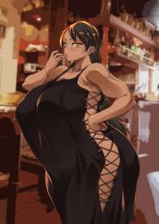 Rule 34 | 1girl, blurry, blurry background, blush, breasts, brown hair, covered erect nipples, cross-laced clothes, cross-laced dress, dark-skinned female, dark skin, dress, ear piercing, erect sawaru, eyeliner, feet out of frame, female focus, hand on own hip, hand up, highres, huge breasts, indoors, komugi hada oyakodon ~minami no shima de muchimuchi oyako to yarimakuri seikatsu!~, legs, long hair, looking at viewer, makeup, mature female, mole, mole under eye, mole under mouth, open mouth, orange eyes, original, piercing, plump, puffy nipples, solo, standing, thighs