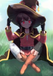 Rule 34 | 1girl, absurdres, bandaged leg, bandages, belt, black collar, black gloves, black hair, black thighhighs, blush, breasts, brown footwear, brown hair, cape, collar, collarbone, commentary request, dress, fingerless gloves, full body, gloves, grass, hat, highres, kono subarashii sekai ni shukufuku wo!, looking at viewer, megumin, outdoors, red dress, red eyes, shinwota, short hair, single thighhigh, sitting, solo, thighhighs, witch hat
