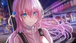 Rule 34 | 1girl, blue eyes, blurry, blurry background, bocchi the rock!, closed mouth, cube hair ornament, garan (garan0502), gotoh hitori, hair between eyes, hair ornament, highres, instrument case, jacket, long hair, one side up, outdoors, pink hair, pink jacket, road, solo, track jacket, upper body