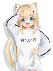 Rule 34 | 1girl, absurdres, ahoge, animal ear fluff, animal ears, arm up, bad id, bad pixiv id, blonde hair, blue eyes, blush, cat ears, cat tail, ekidona, hair ornament, hairclip, hand on own hip, highres, long hair, no pants, open mouth, original, salute, shirt, simple background, smile, solo, tail, white background, white shirt