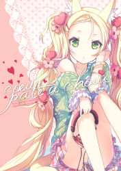 Rule 34 | 1girl, animal ears, bad id, bad pixiv id, blonde hair, bracelet, cat tail, female focus, flower, fox ears, fox tail, french text, green eyes, h2so4, hair flower, hair ornament, hairclip, headphones, heart, jewelry, lace, long hair, looking at viewer, multi-tied hair, off shoulder, original, skirt, solo, tail, twintails