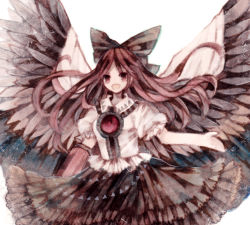Rule 34 | 1girl, arm cannon, bad id, bad pixiv id, black wings, bow, brown hair, cape, feathered wings, hair bow, highres, long hair, muted color, namakuby, open mouth, red eyes, reiuji utsuho, solo, touhou, weapon, wings