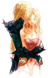 Rule 34 | 1990s (style), 1boy, 1girl, armor, bare shoulders, blonde hair, breasts, cain highwind, cleavage, cowboy shot, final fantasy, final fantasy iv, hetero, hug, hug from behind, large breasts, long hair, looking down, lowres, mimic (artist), pauldrons, retro artstyle, rosa farrell, sad, shoulder armor, simple background, strapless, suimin, v arms, vambraces, very long hair, weapon, white background