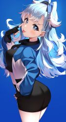 Rule 34 | 1girl, absurdres, ass, black gloves, black ribbon, black shirt, black skirt, blue background, blue eyes, blue hair, blue jacket, blue ribbon, colored tips, cowboy shot, crop top, ear piercing, fingerless gloves, from behind, gawawawa, gloves, hair ribbon, highres, hololive, hololive indonesia, iii (hololive), jacket, kobo kanaeru, long hair, looking at viewer, looking back, midriff, miniskirt, multicolored clothes, multicolored hair, multicolored jacket, piercing, ribbon, shirt, simple background, skirt, solo, tongue, tongue out, two-tone hair, two-tone jacket, virtual youtuber, white hair, white jacket