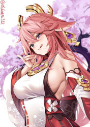 Rule 34 | 1girl, :p, animal ears, armpit crease, blurry, blurry background, breasts, cherry blossoms, commentary request, dangle earrings, detached sleeves, earrings, ebifurya, floppy ears, fox ears, fox shadow puppet, genshin impact, hand up, headpiece, highres, jewelry, large breasts, long hair, looking at viewer, obi, outdoors, pendant, pink hair, pink nails, purple eyes, sash, shirt, sideboob, sleeveless, sleeveless shirt, smile, solo, tongue, tongue out, twitter username, vision (genshin impact), white shirt, wide sleeves, yae miko