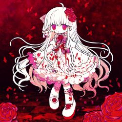 Rule 34 | 1girl, blood, blood from mouth, blood on clothes, blood stain, bow, checkered floor, colored skin, commission, dress, flower, funamusea (artist), hair bow, hair flower, hair ornament, long dress, long hair, original, pink bow, pink eyes, pink flower, pink ribbon, red background, ribbon, footwear flower, shoes, skeb commission, solo, standing, thighhighs, white dress, white hair, white skin
