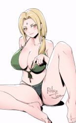 Rule 34 | 1girl, artist name, barefoot, bikini, blonde hair, blush, breasts, closed mouth, collarbone, curvy, facial mark, feet, forehead, forehead mark, green bikini, hair intakes, knee up, large breasts, legs, looking at viewer, low ponytail, naruto, naruto (series), navel, relaxjon, simple background, sitting, solo, stomach, swimsuit, thighs, toenails, toes, tsunade (naruto), white background, yellow eyes