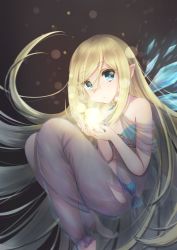 Rule 34 | 1girl, absurdres, amami (amaama0 0), bare shoulders, barefoot, blonde hair, blue eyes, closed mouth, curled up, dress, flat chest, floating, highres, long hair, looking at viewer, original, pointy ears, raised eyebrows, ribbon, see-through, see-through dress, solo, very long hair