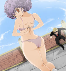 Rule 34 | 1boy, 1girl, announcer (dragon ball), ass, back, bad anatomy, bad hands, bad id, bad pixiv id, bad proportions, bra, cloud, curly hair, day, dragon ball, dutch angle, huge ass, lace, lace-trimmed panties, lace trim, lingerie, looking at viewer, looking back, mole, name john, outdoors, panties, poorly drawn, purple hair, ranfan, short hair, sky, socks, standing, sunglasses, thick thighs, thighs, underwear, undressing, white bra, white panties, white socks, yellow eyes